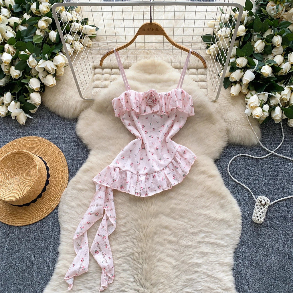 Ladies Floral Summer Camisole Sleeveless Irregular Slim Camis Women 3D Flower Ribbon Design Print Top