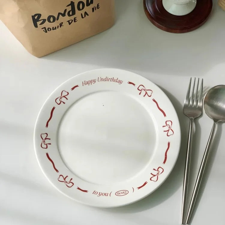 Pink Bow Ceramic Dessert Plate French Vintage Hand-painted Dish