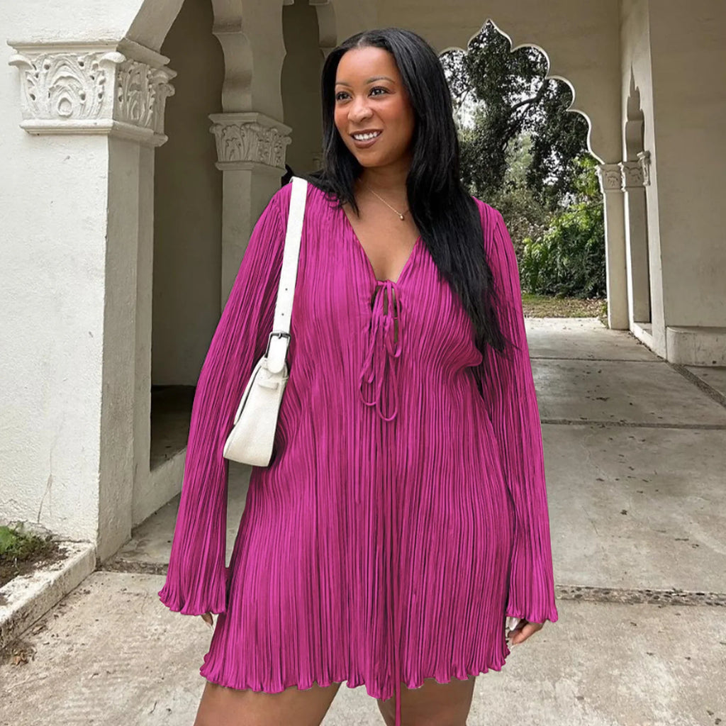 Long Sleeve Women V-neck Pleated Dress Casual Streetwear Plus Size Mini Dresses Party Casual