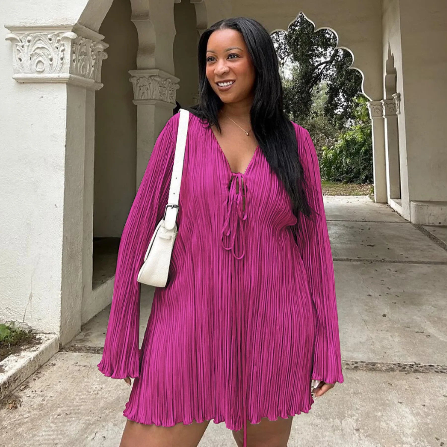 Long Sleeve Women V-neck Pleated Dress Casual Streetwear Plus Size Mini Dresses Party Casual
