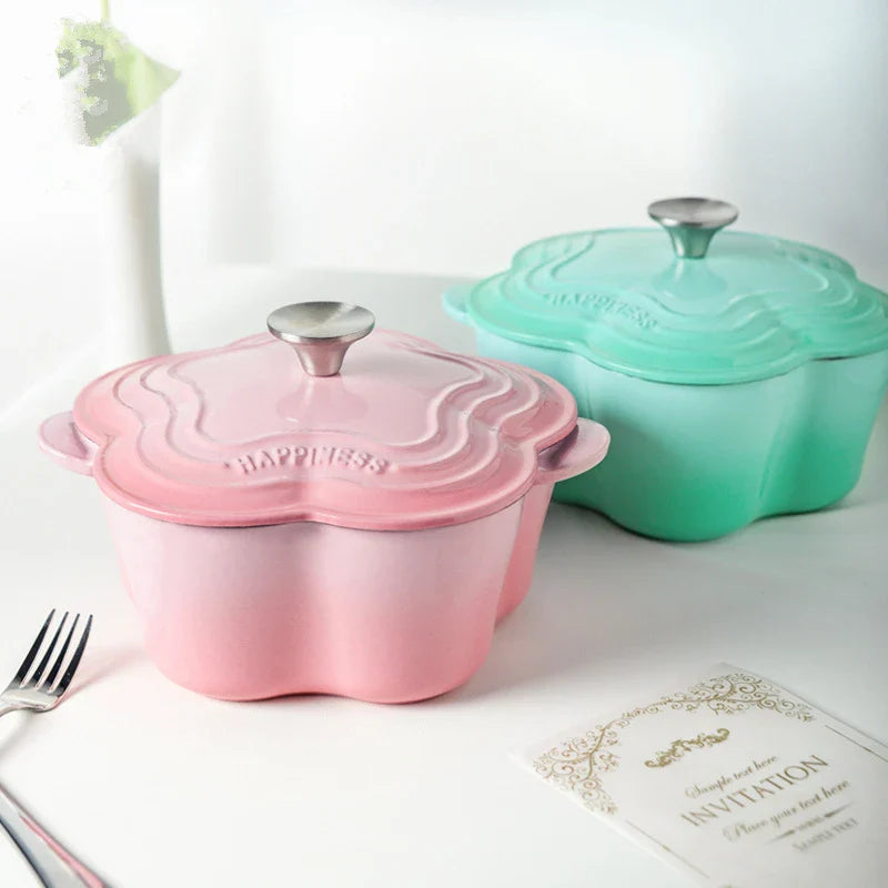 Petal Cast Iron Dutch Oven Binaural Enamel Pot for Bake Bread and Casserole Dish Braising With Lid For All Heat Source
