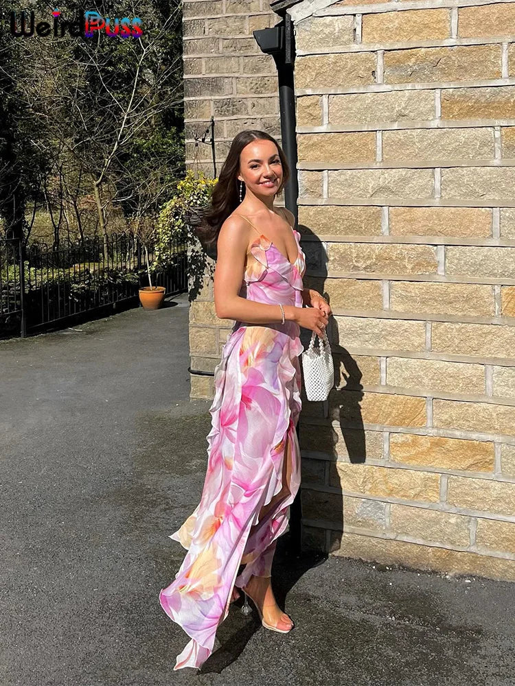 Flower Print Woman Summer Strapless Splits Irregular Tassel Patchwork Backless Skinny Dress