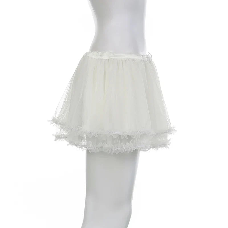 Coquette Tiered Ruffle Tulle Mesh Skirt Aesthetic Lace-up Low Waist A-line Mini