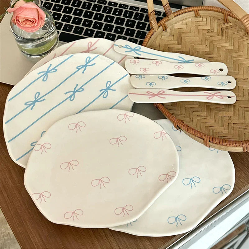 Cute Bowknot Kawaii Ceramic Plate For Cake Food Dinner Breakfast Ins Dessert Salad Decorative Dish 8 inch