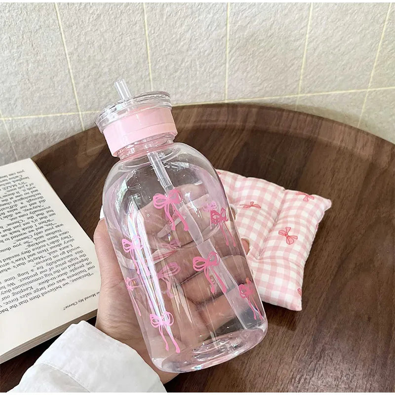 Cute Bow Plastic Bottle Ice With Straw Lid Sweet High-value Bow Cup Portable Cup