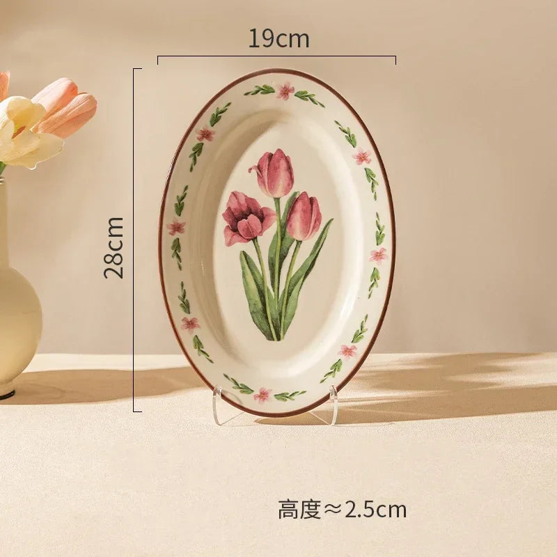 Retro Tulips Flower Ceramic Light Luxury Exquisite Dessert Plate