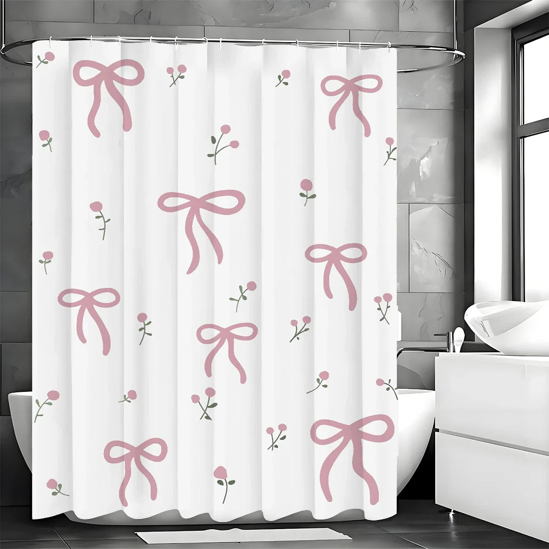 Pretty Pink Floral Bow Printed Shower Curtain with 12 Hooks, Mildew Resistant and Waterproof Bathroom Decoration