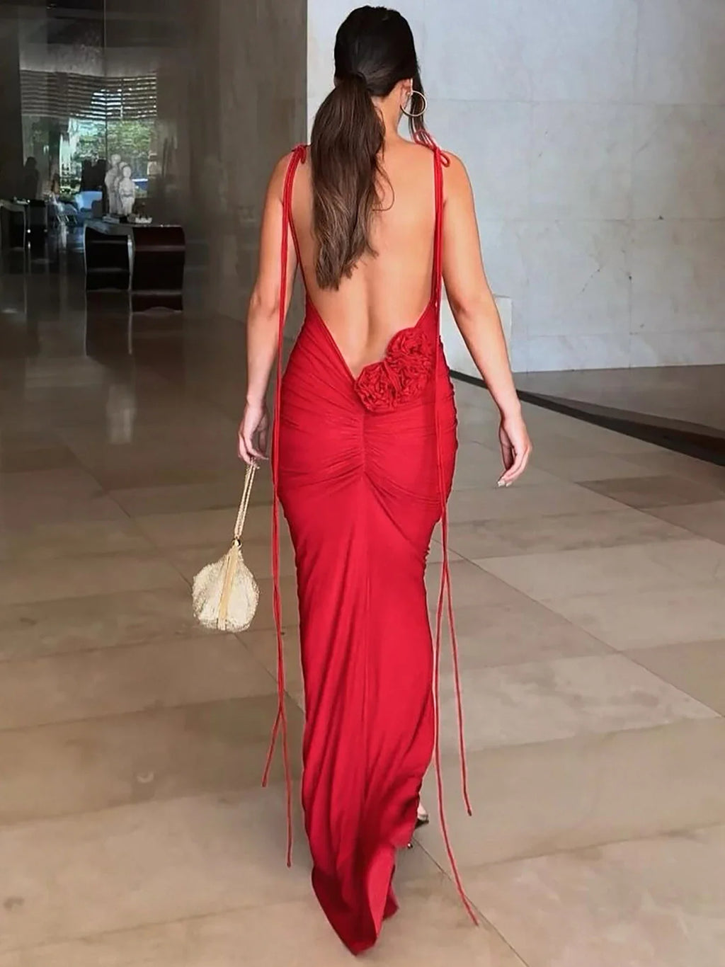Sexy Backless Maxi Dress Women Spaghetti Strap Lace Up Solid