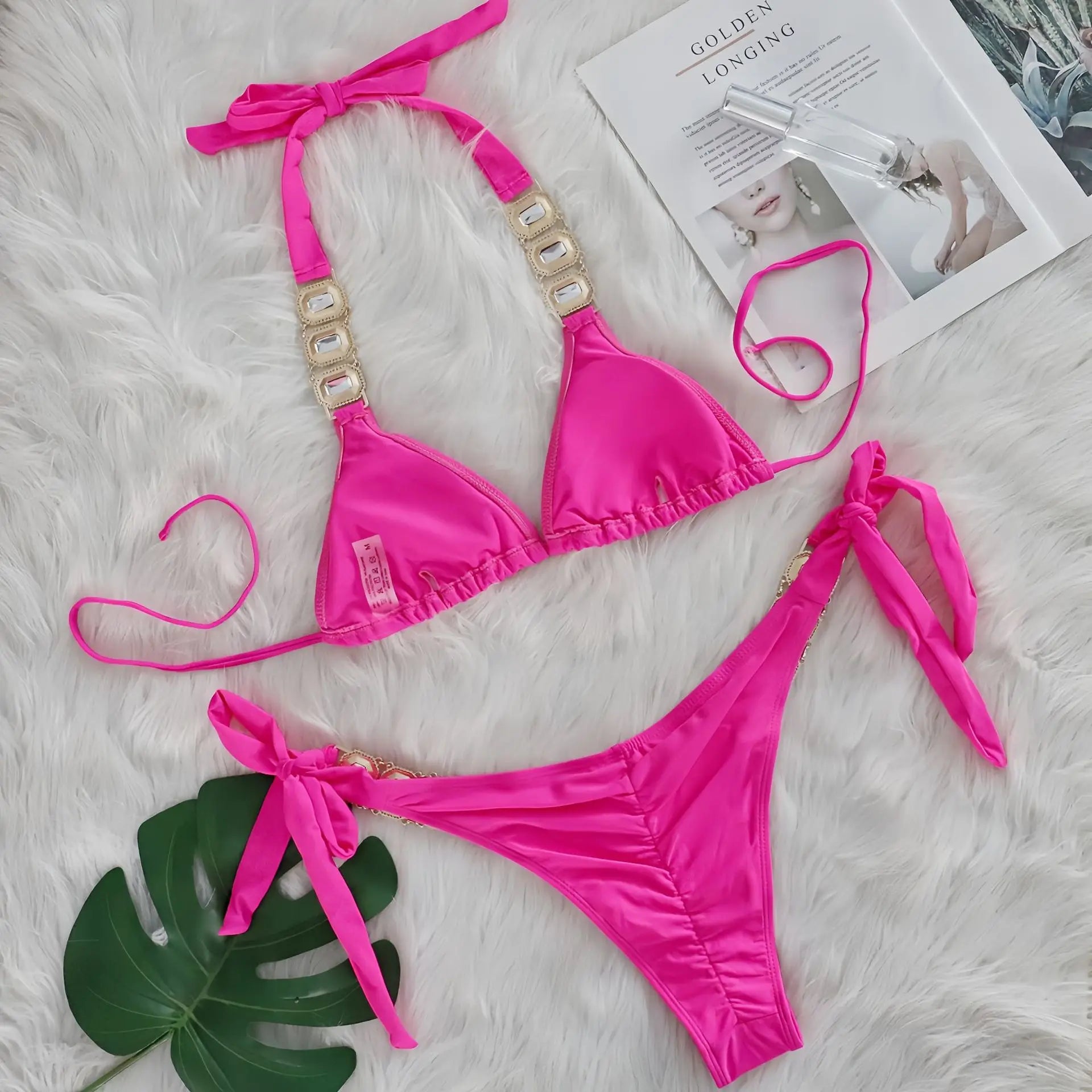 Sexy Rhinestone Bikini Set Women Luxury Pink Crystal Diamond Push Up Bandage Thong Swimsuit