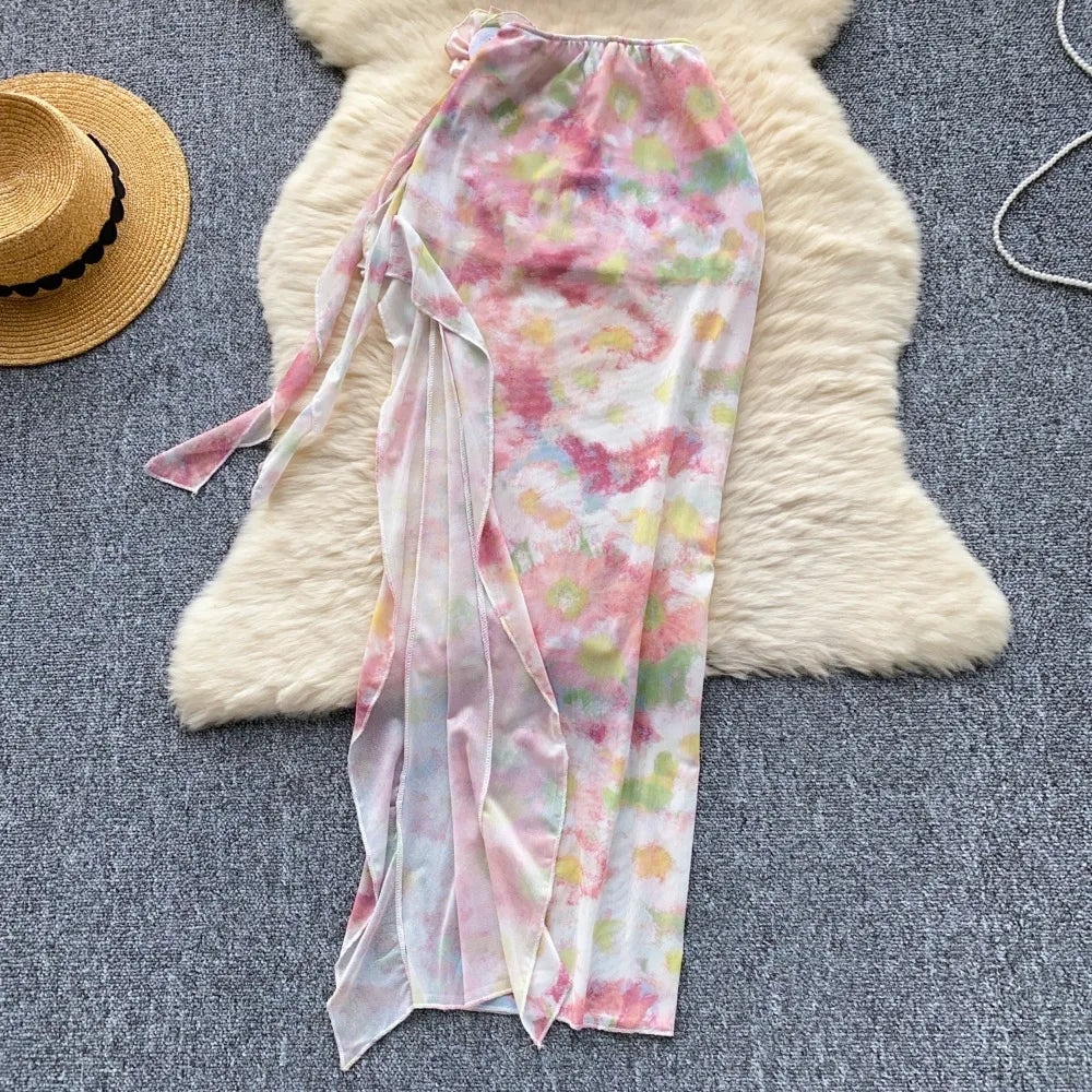 Flower Strapless Halter Tank Top and Split Ribbon Skirt Two Piece Set