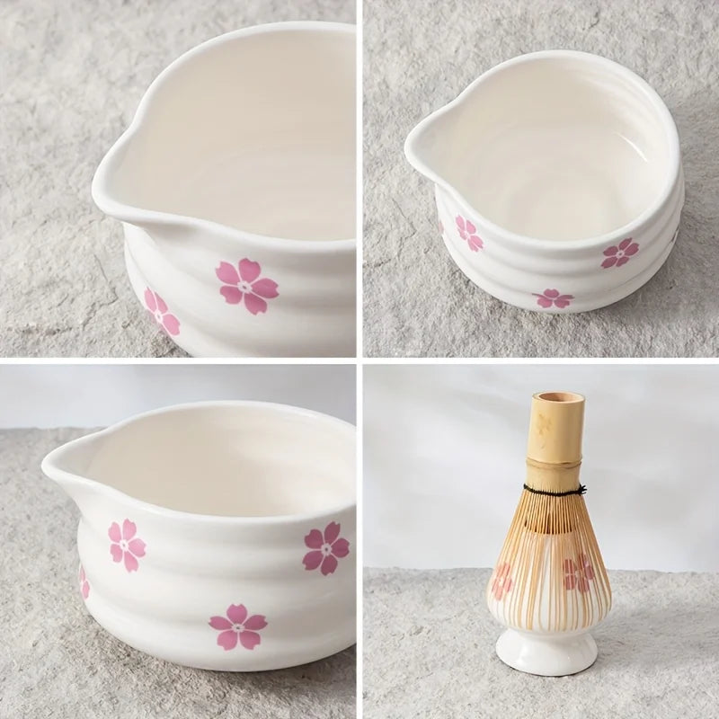 Hand-painted Cherry Blossom White Matcha Bowl with Matcha Whisk Set, Japanese Tea Set Includes Matcha Bowl with Spout