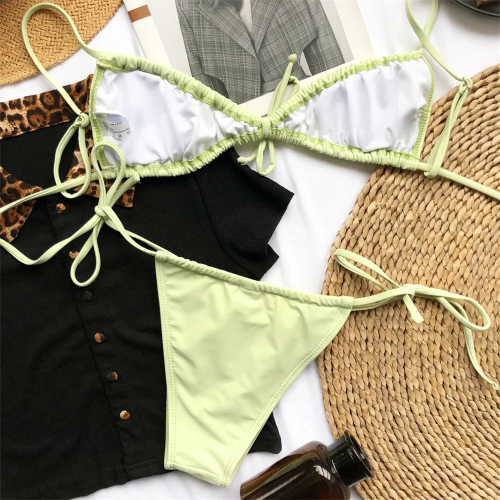 Women Sexy Sling Bikini Micro String Extreme Swimsuit Bikinis Pleated Set