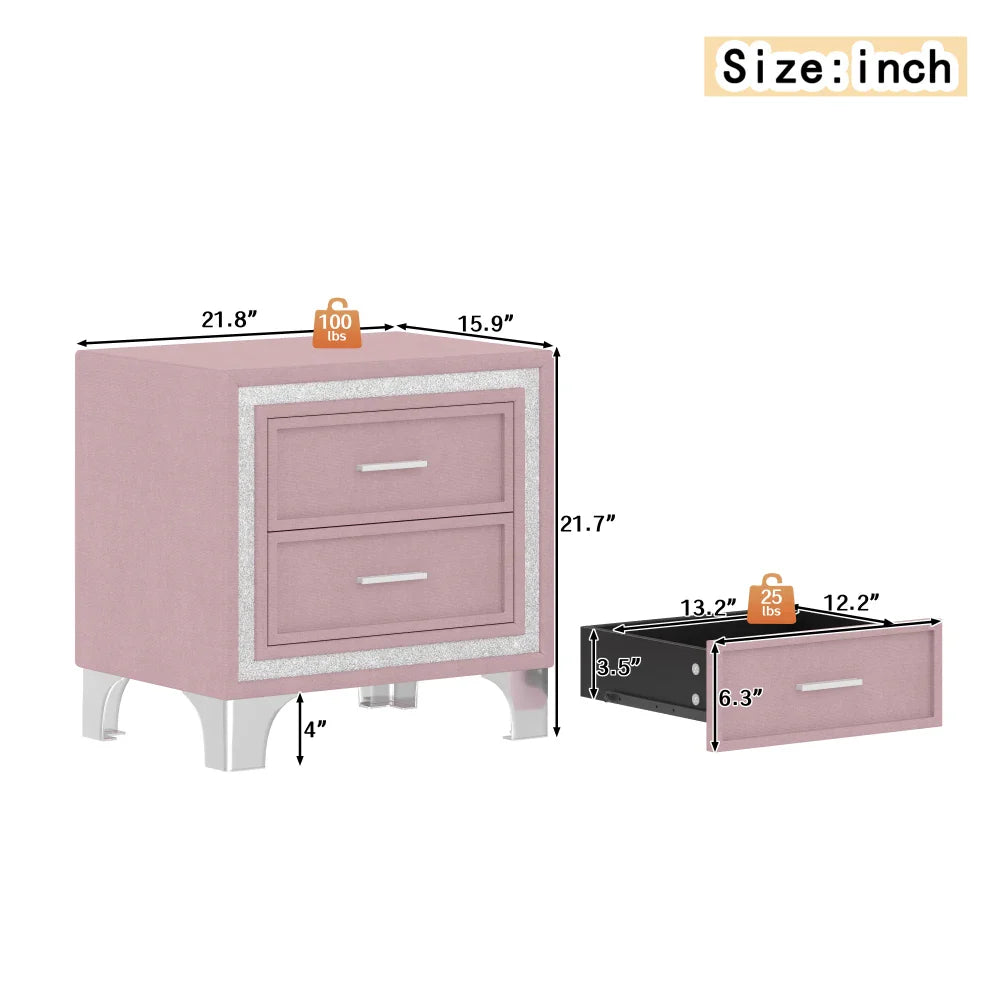 Three -Piece Upholstered Platform Bed Set with LED Lights and Nightstands Pink Velvet Foam-Filled Elegance & Ambiance Easy