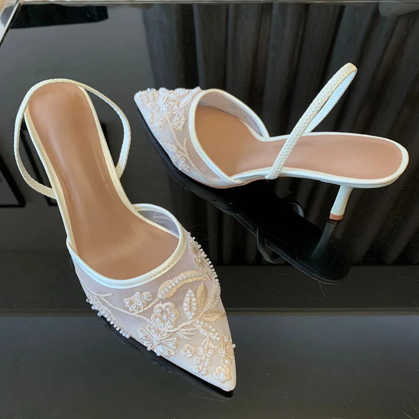 Brand Designer White Women Pumps Mesh Embroidered Flowers Back Strap Sexy Slingback High Heels