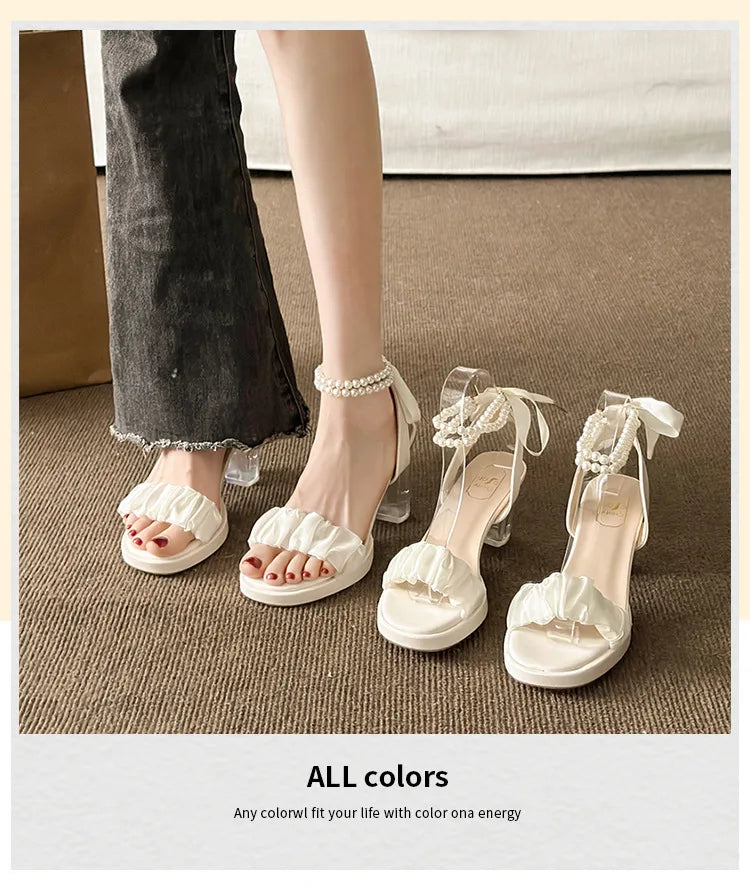 Women's Fashion Crystal Pearl High Heels Sandals