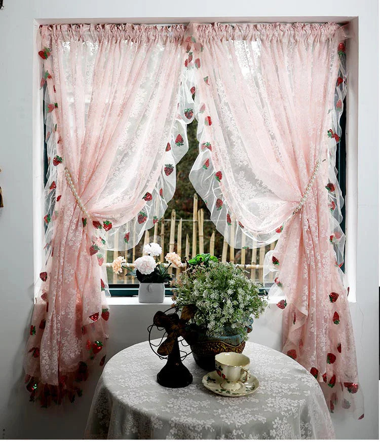 French Pink Lace Cute Strawberry Sequin Lace Curtains