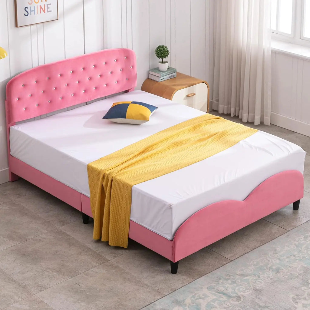 Full Size Bed Frame With Headboard, Velvet Upholstered Platform Bed With Slatted Bed Base, No Box Spring Ned, Pink Press