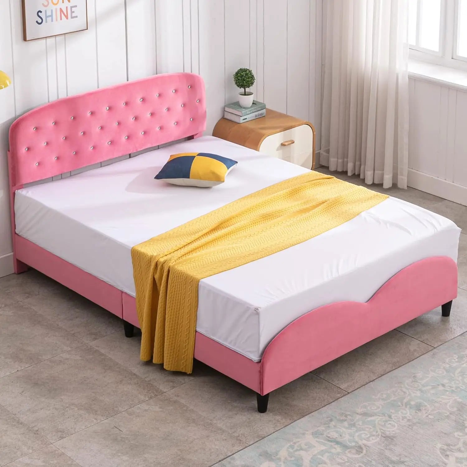 Full Size Bed Frame With Headboard, Velvet Upholstered Platform Bed With Slatted Bed Base, No Box Spring Ned, Pink Press