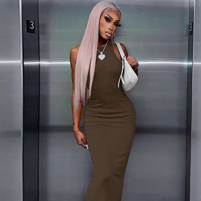 Ribbed Sexy Y2K Clothes Sleeveless Bodycon Maxi Dresses For Women Club Birthday Party Streetwear Elegant Outfits
