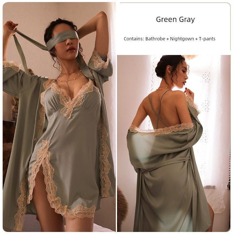 Women's Sexy Lace Pajamas Fancy Ice Silk Strap Night Dress