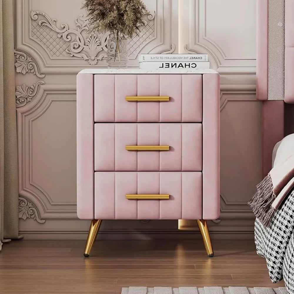 Velvet Nightstands, Upholstered Nightstand with Faux Marble Top, End Table with Metal Legs, Bedroom Furniture Nightstands