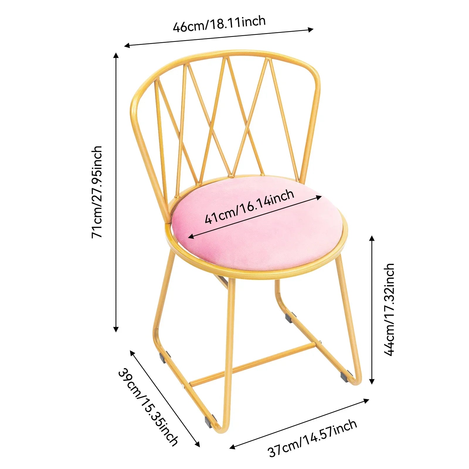 Pink Velvet Makeup Chair with Gold Base 50mm Thick Cushion & Modern Vanity Stool Foldable Backrest Freestanding