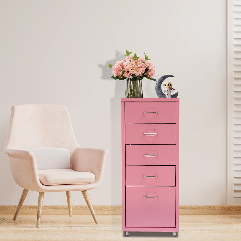 Tall Pink File Cabinet on Wheels 5-Drawer Storage Cabinet Home Furniture for Kitchen, Bedroom, Office, Study | 27 Inch