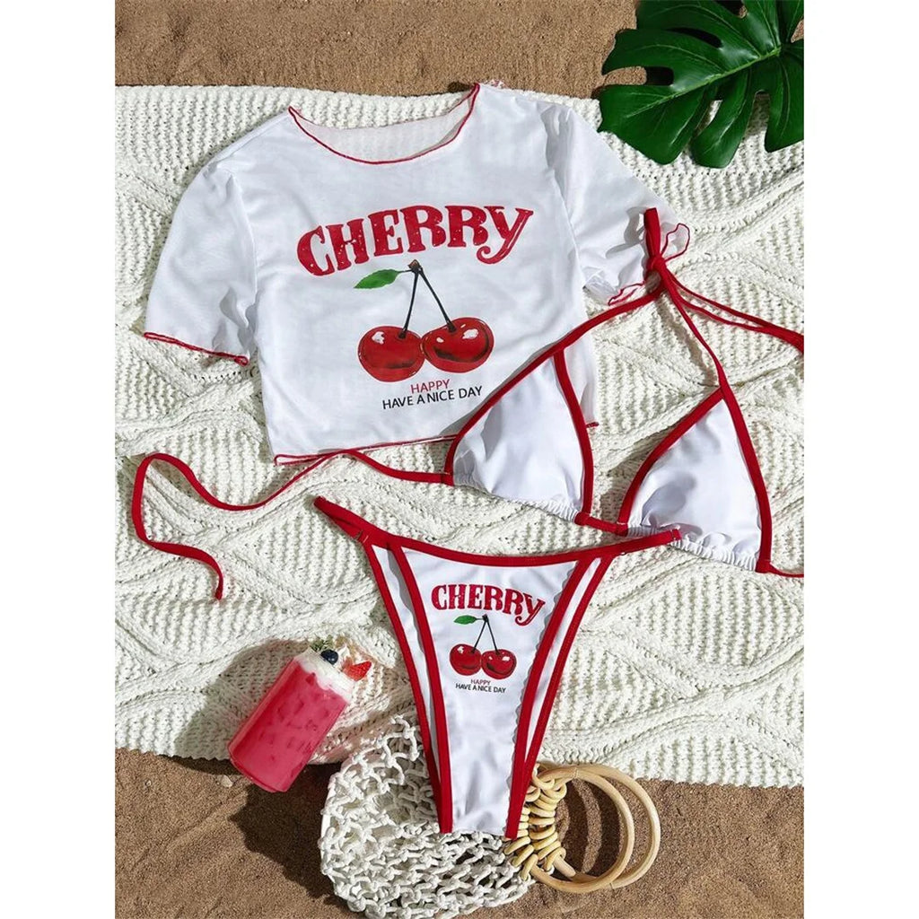 Cherry Printed Short Sleeve Bikini Female Swimsuit Women Swimwear Three-pieces Bikini Set