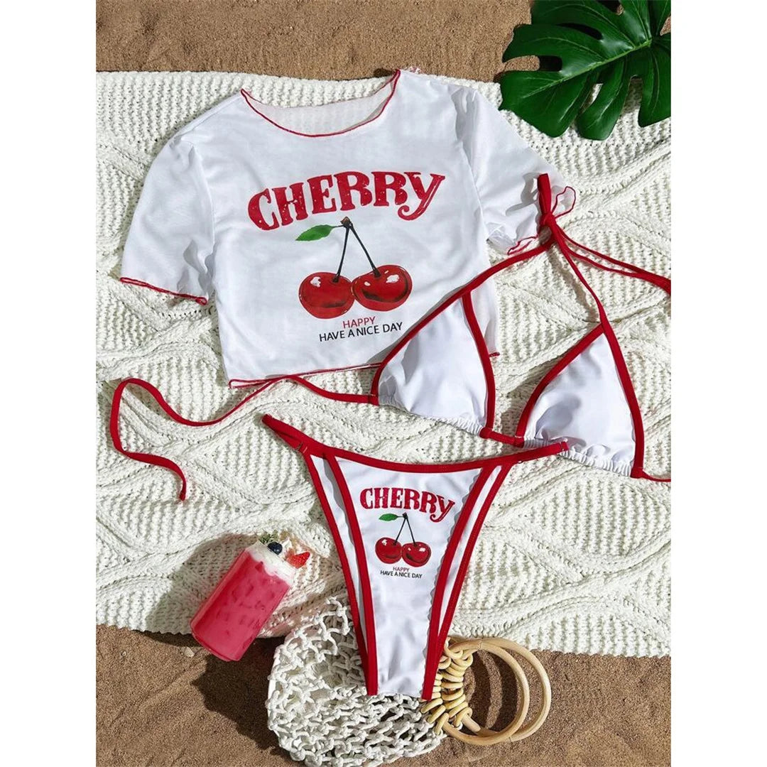 Cherry Printed Short Sleeve Bikini Female Swimsuit Women Swimwear Three-pieces Bikini Set