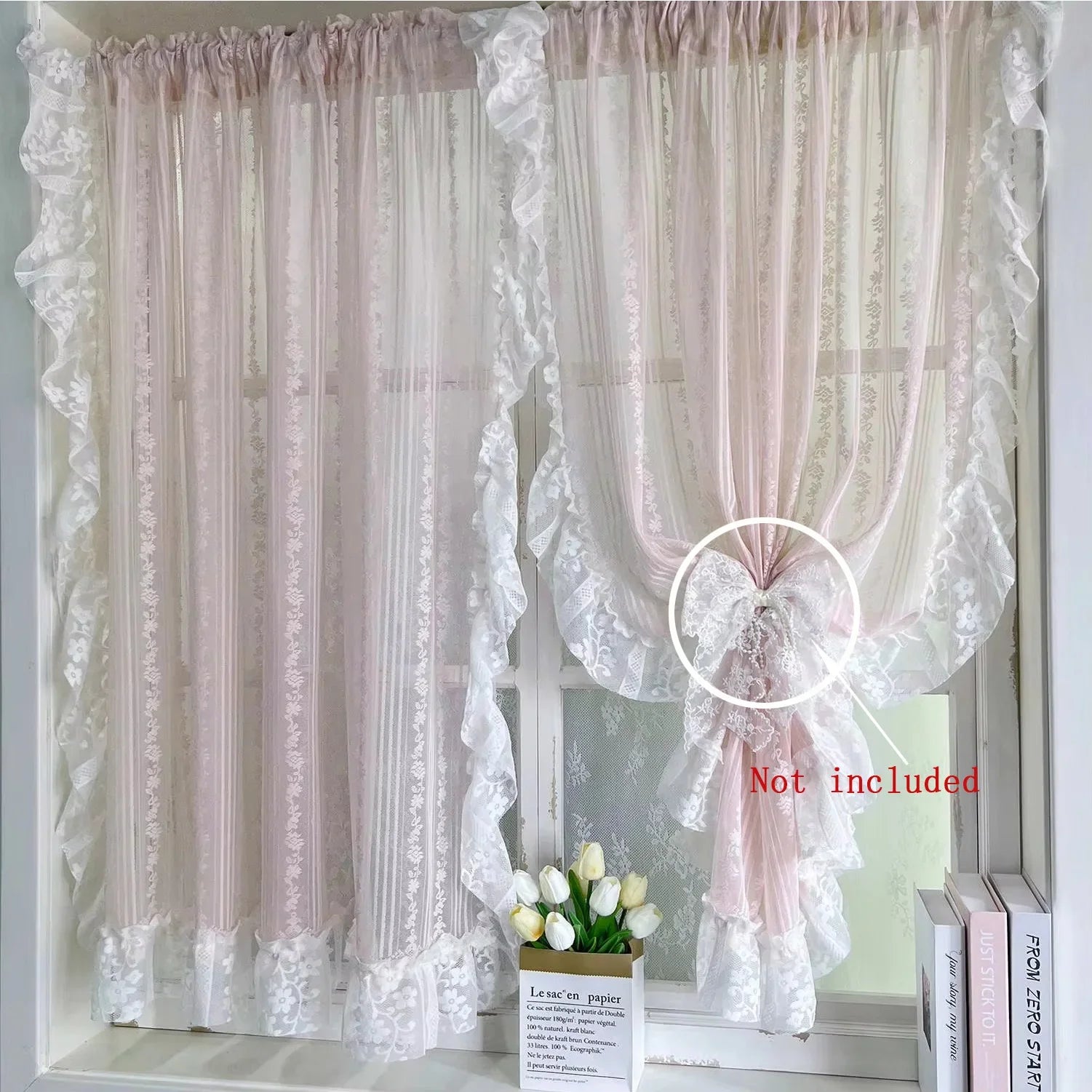 Vintage Ruffle Sheer Lace Curtain Panels for Living Room Bedroom Study Doorway Pink Floral Tulle Drapery Home Decorative