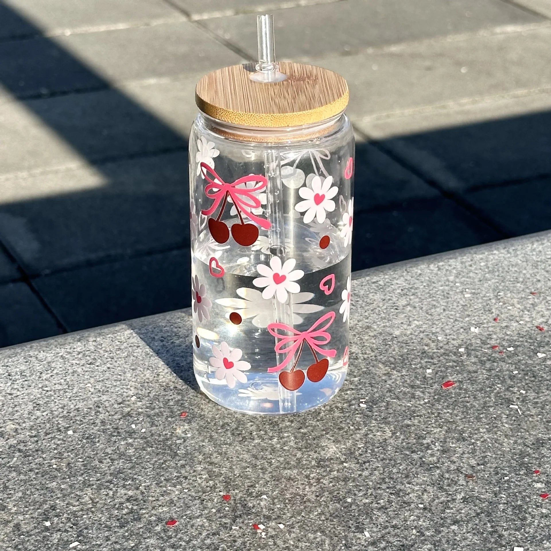 Cute Bow Glass Cup Tumbler Mason Jar Shaped With Lids & Straw