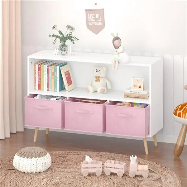 White/Pink Kids Bookcase with Collapsible Fabric Drawers, Children's Book Display, Toy Storage Cabinet Organizer