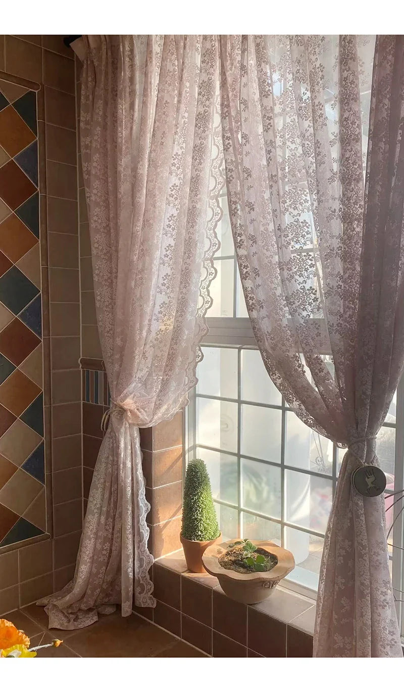 Flower Pink Sheer l French Romantic Jacquard Lace Macrame Tulle Curtain