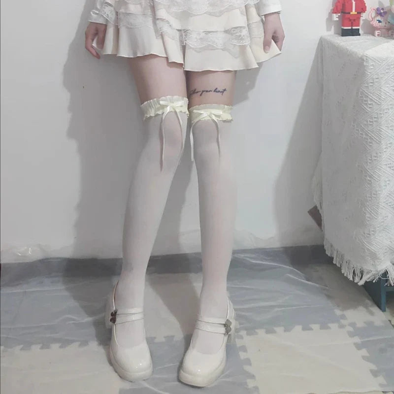 Women Lace Black White Ruffle Long Socks Women Girls Sweet Stockings Lolita Nylon Lace Leggings Over The Knee Bowknot Hosiery