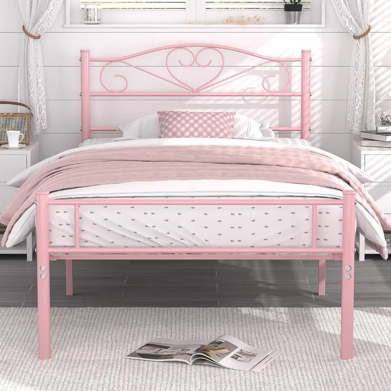 Pink Twin Size Metal Platform Bed Frame with Headboard and Footboard, Heavy Duty Mattress Foundation with Steel Slats Support 14 Inch