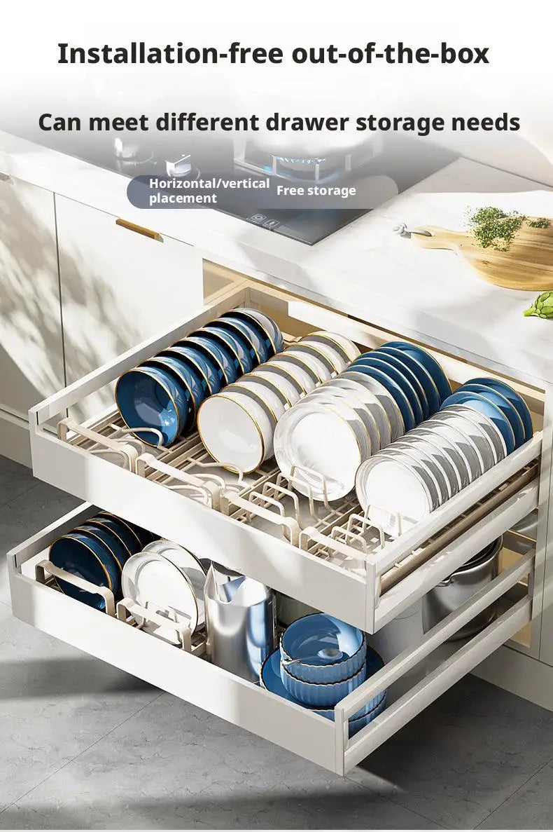 Pull Out Cabinet Dish Storage Rack Stainless Steel Plate Drain Stand Holder Kitchen Drawer Built-in Bowl Rack Basket Organizer