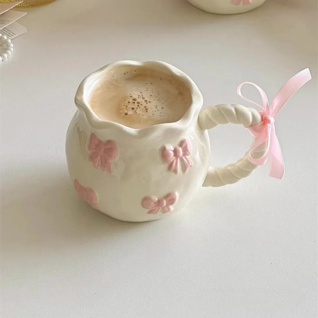 Simple Luxury Handmade Irregular Pink Three-Dimensional Bow Art Ceramic Cups