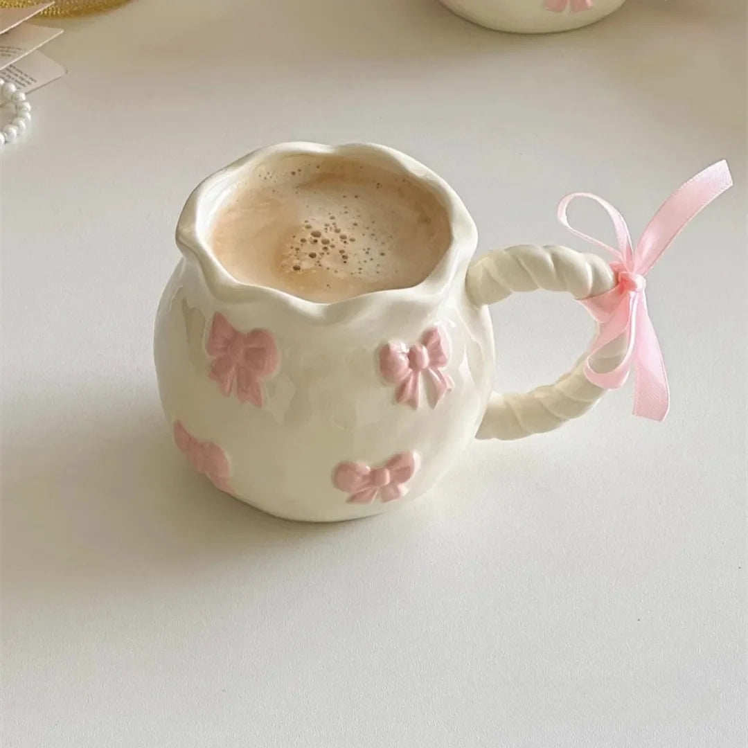 Simple Luxury Handmade Irregular Pink Three-Dimensional Bow Art Ceramic Cups