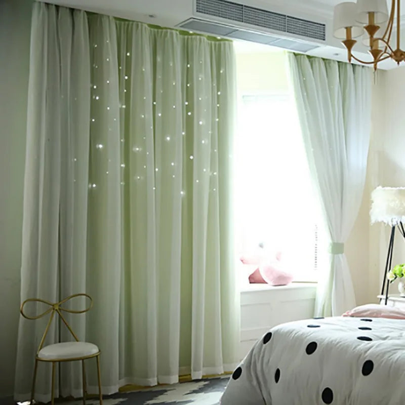 Double-Deck Princess Curtains for Living Room Hollow Stars Lace Curtain for Bedroom Shade Curtain Tulle Cloth