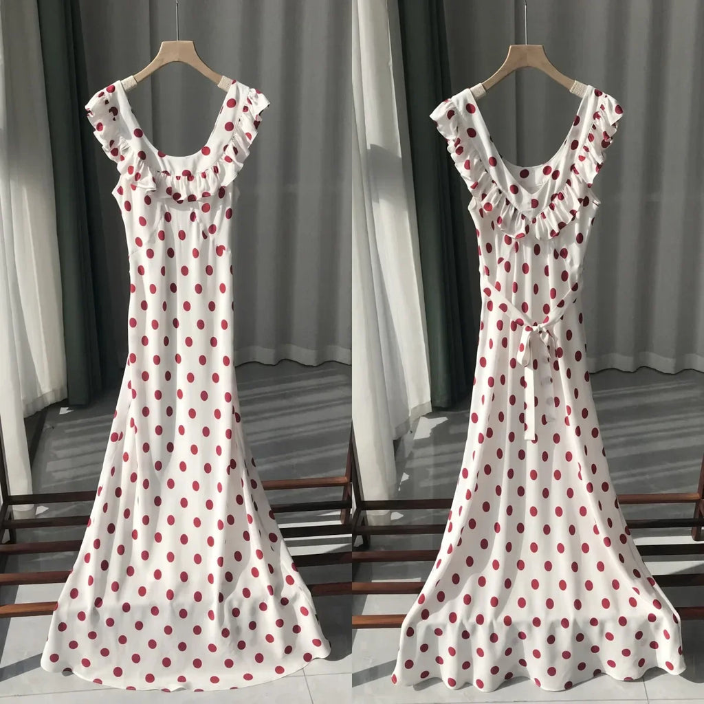 French Daisy Vintage Girl Silk Polka Dots U Neck V Back Sexy Summer Women Long Dress