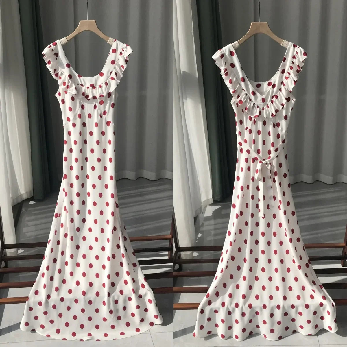 French Daisy Vintage Girl Silk Polka Dots U Neck V Back Sexy Summer Women Long Dress