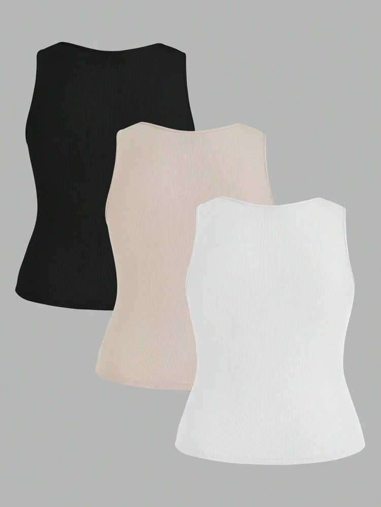 Plus Size Short Tank Top Women's Set Short Top, Sleeveless Short Top, Set of 3, Ribbed Knit Short Top, Black, White, Brown