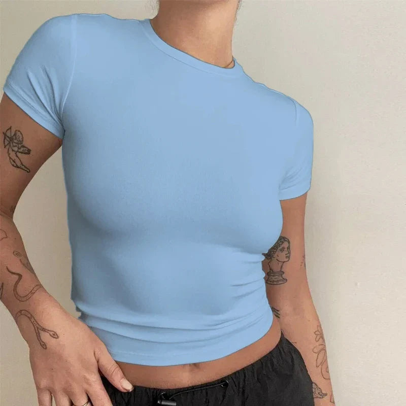 Woman Short Sleeve T-shirt Slim Fit Tops Female O-Neck Knitted Sheath Tee Shirt Street Wear Sex Sporty