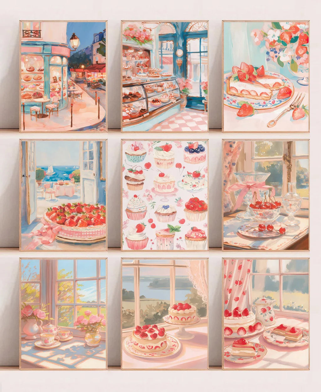 Retro Pink Cake Shop Dessert Gourmet Strawberry Cake Tea Poster Canvas Painting Prints Art Pictures Wall Decor