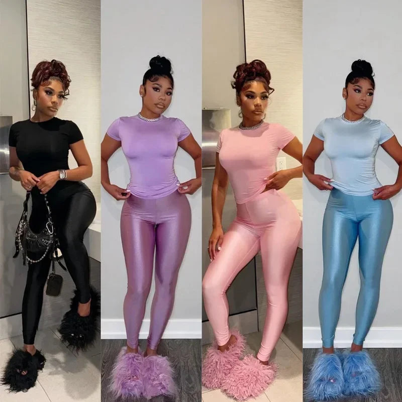 Casual Women 2 Piece Set Tracksuit Shorts Sleeve Crop Tops+Silky Leggings Matching