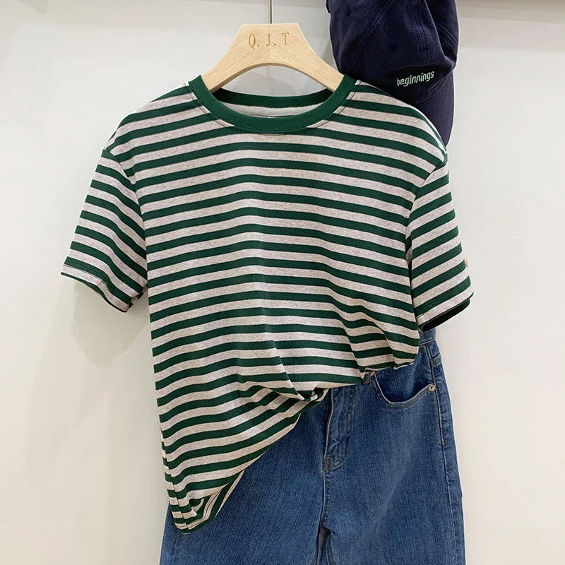 Summer Short Sleeve Striped T-Shirts Versatile Women Knitted Basic Casual Tops Female Cozy Loose Cotton Tees