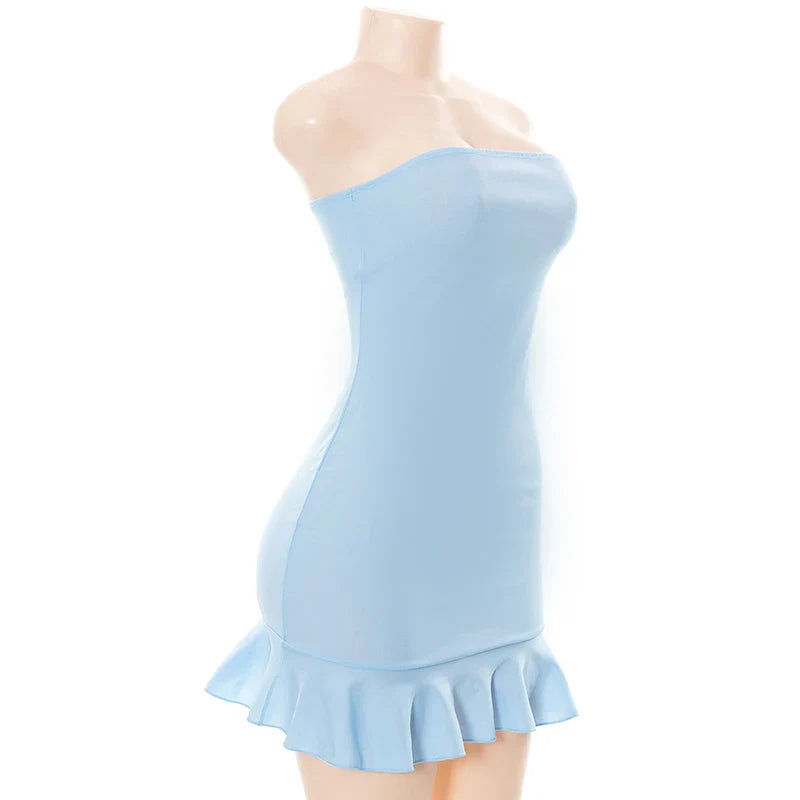 Women Soft Tender Slight Blue Strapless Wrap Hipster Mini Pleated Dress Pullover Sexy