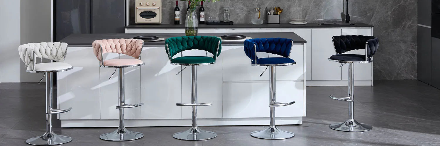 Velvet Barstools Set/2 - Chrome Swivel Base w/Adjustable Height, Modern Kitchen & Bar Stools