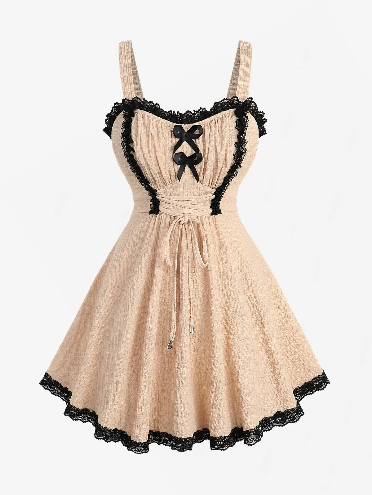 Rosegal Plus Size Women Bowknot Lace Trim Lace-up Two Tone Textured Tank champagne Top  New Women Spring, Summer Casual Vest