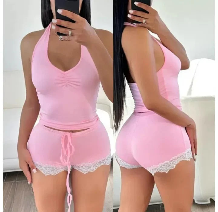 Sleeveless 2 Piece Sets Womens Outfits Streetwear Halter Ruched Top & High Waist Lace Trim Drawstring Shorts Suit